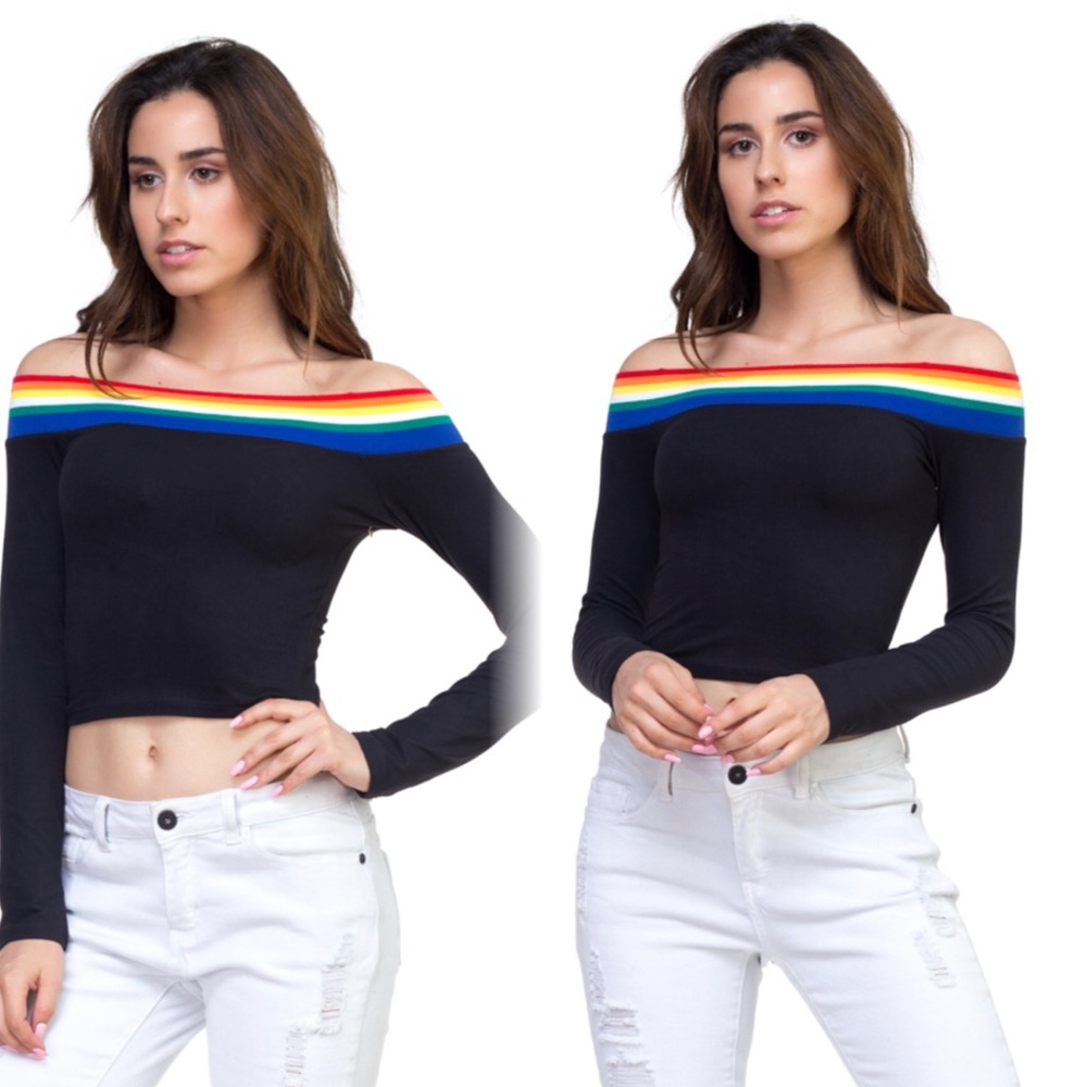 Black Off-Shoulder Top with Rainbow Trim